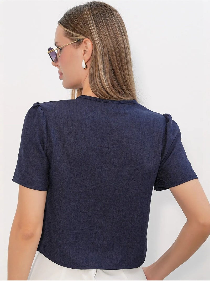 Top curto texturizado em mistura de linho com decote em v bdart Azul-marinho - Kiabi
