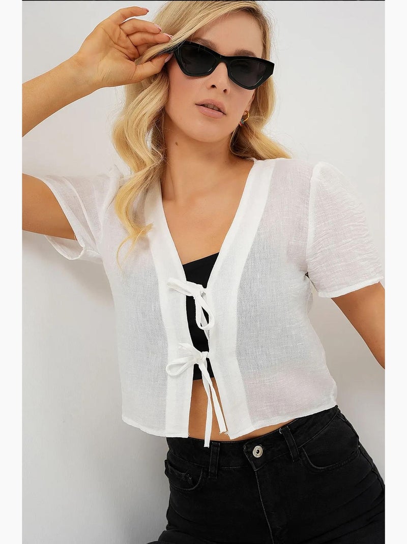 Top curto texturizado em mistura de linho com decote em v bdart Branco - Kiabi