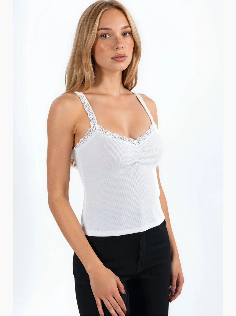 Top de alças com decote em v e detalhes em renda hiccup Branco - Kiabi