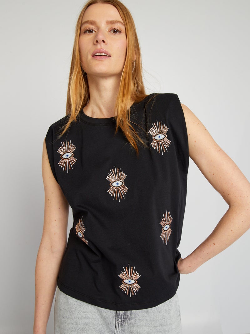Top de alças com ombreiras e bordado Preto - Kiabi