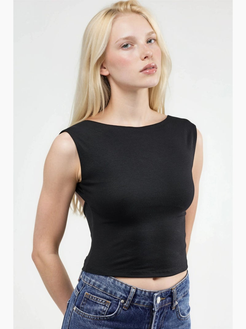 Top de alças costas abertas viscose curto hiccup Preto - Kiabi