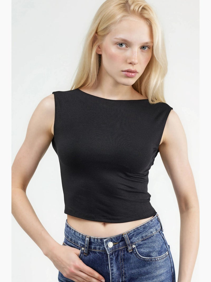 Top de alças costas abertas viscose curto hiccup Preto - Kiabi