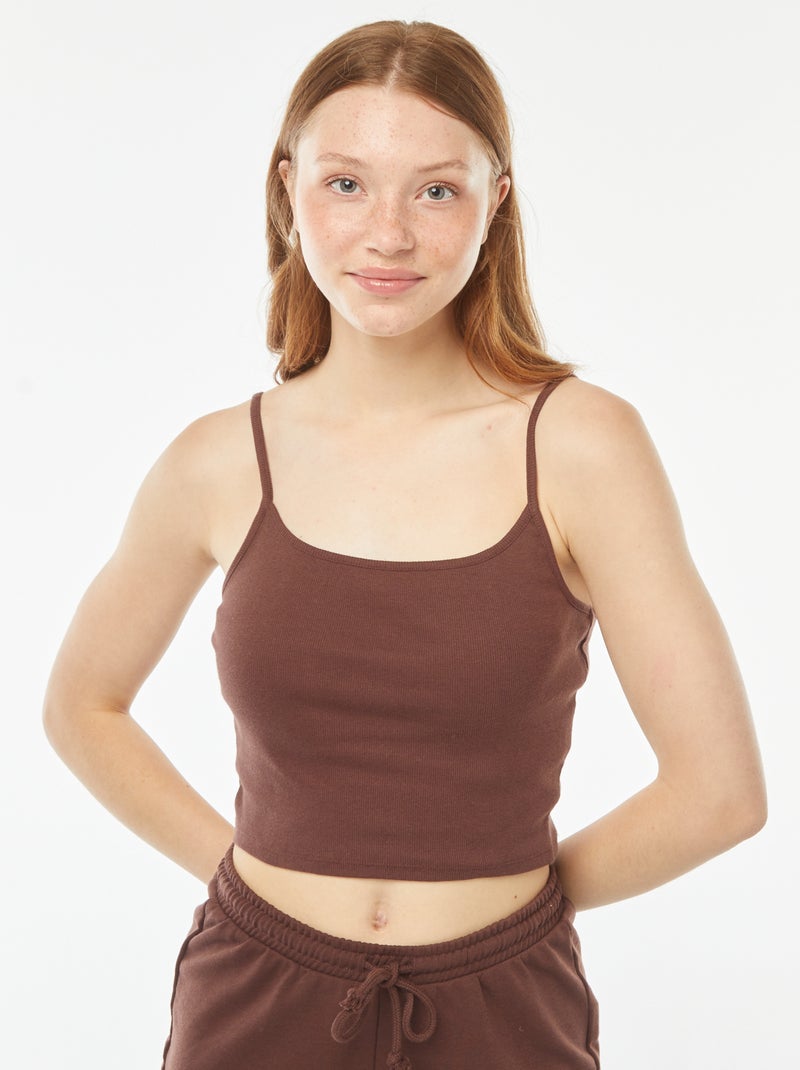 Top de alças crop-top de material canelado Castanho - Kiabi
