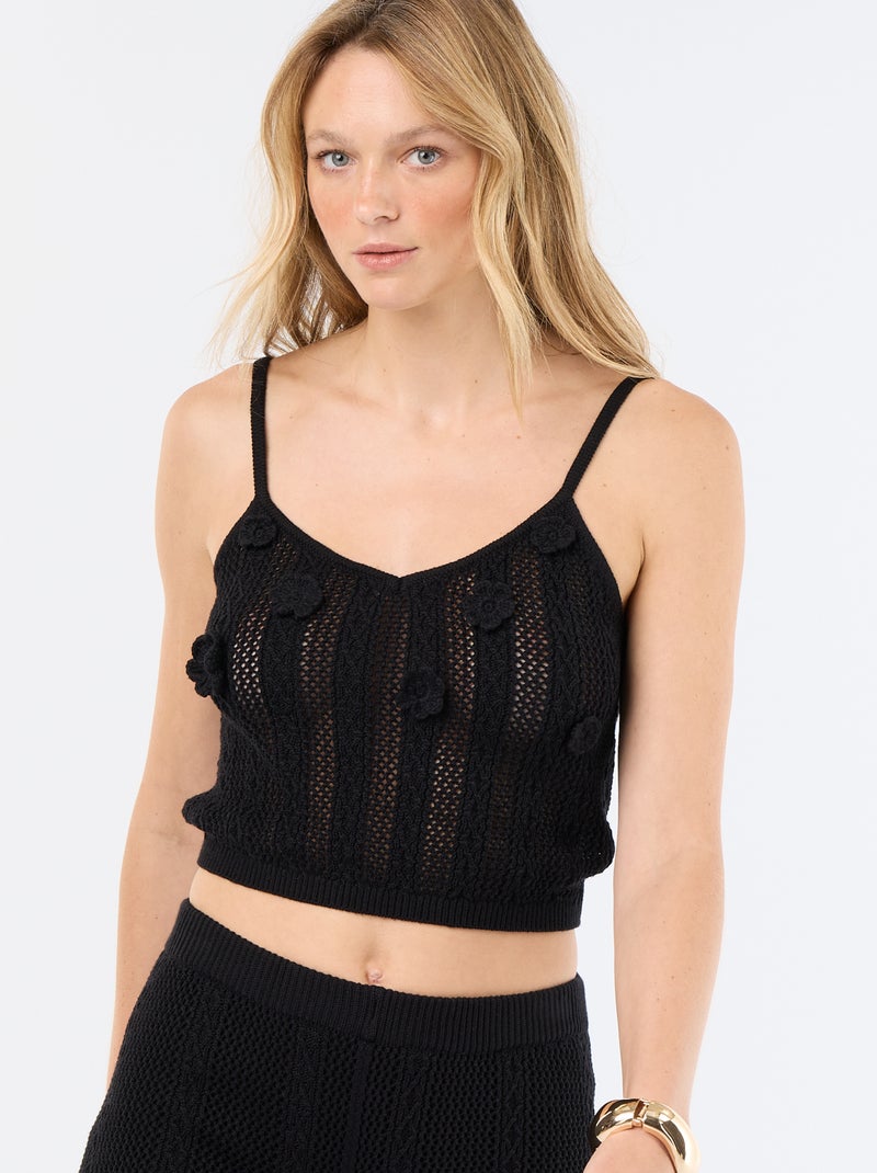 Top de alças de croché com flores bordadas Preto - Kiabi