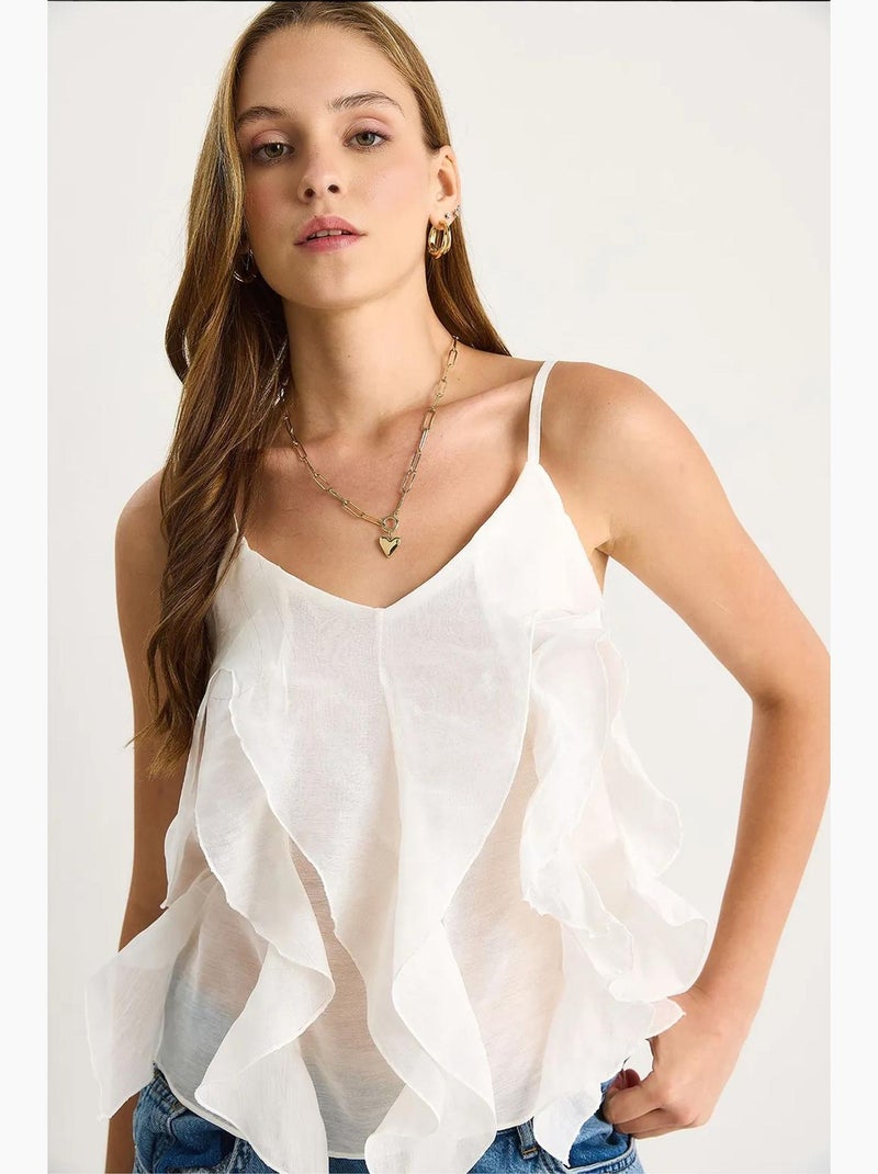Top de alças decote v algodão com folho lucci Branco - Kiabi