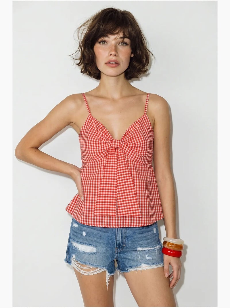 Top de alças decote v algodão misto com laço lucci Vermelho - Kiabi