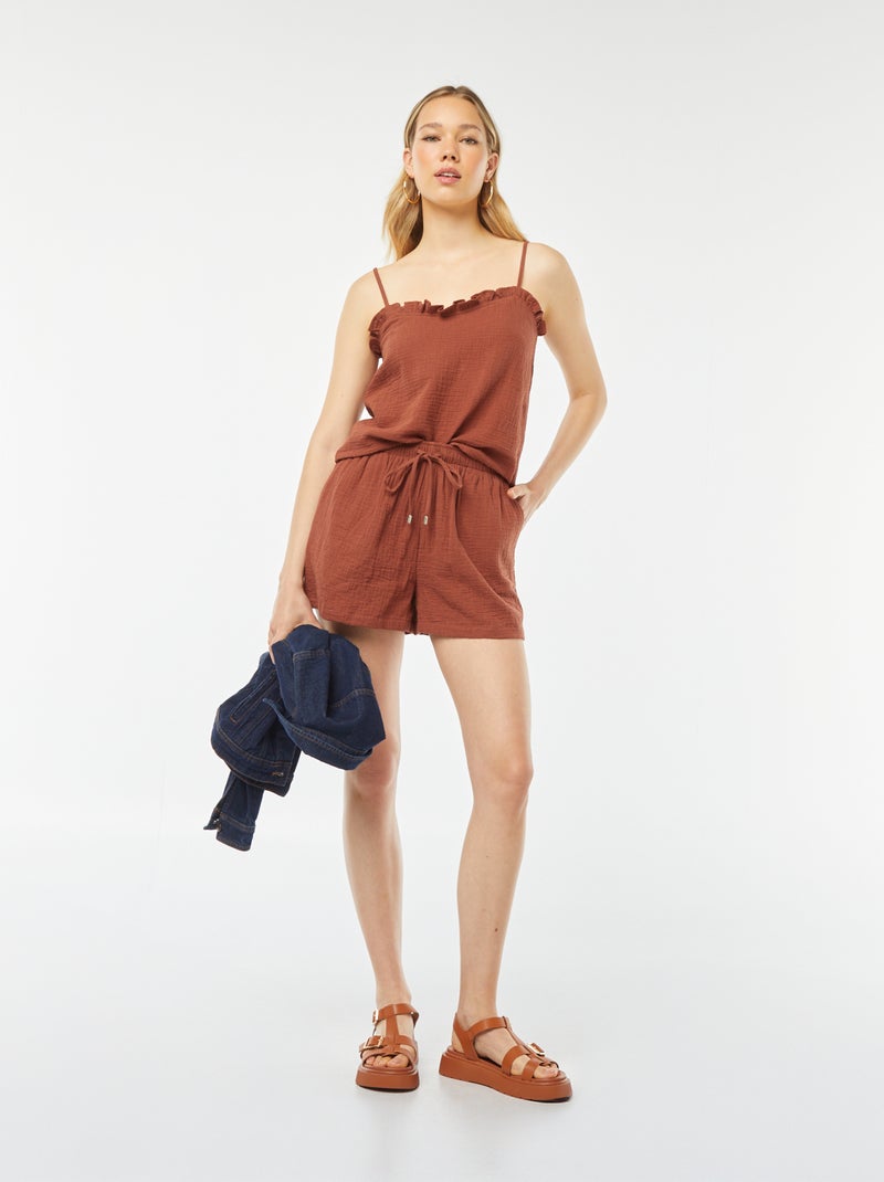 Top de alças em gaze dupla de algodão Castanho - Kiabi