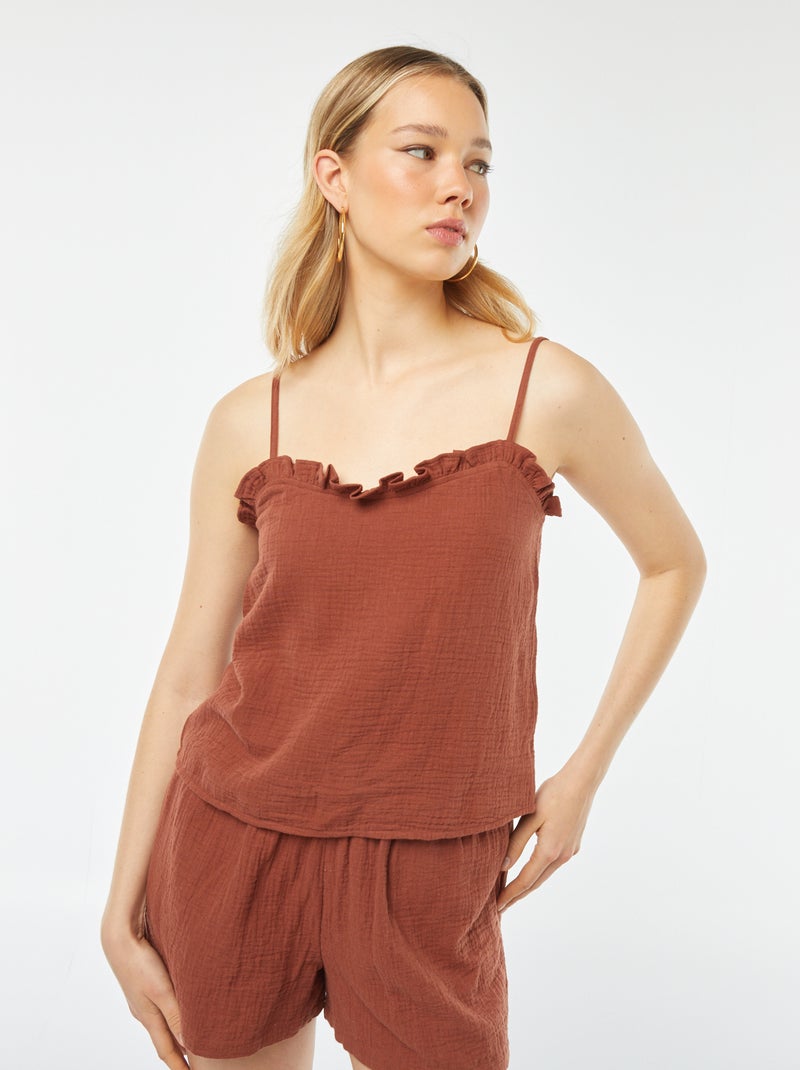 Top de alças em gaze dupla de algodão Castanho - Kiabi