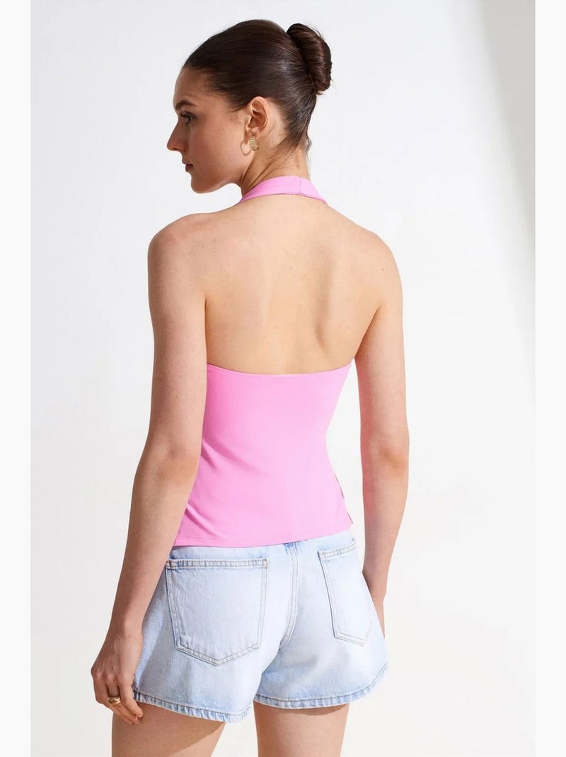 Top de alças halter justo com recorte dilvin Rosa-fluo/Solinotes - Kiabi