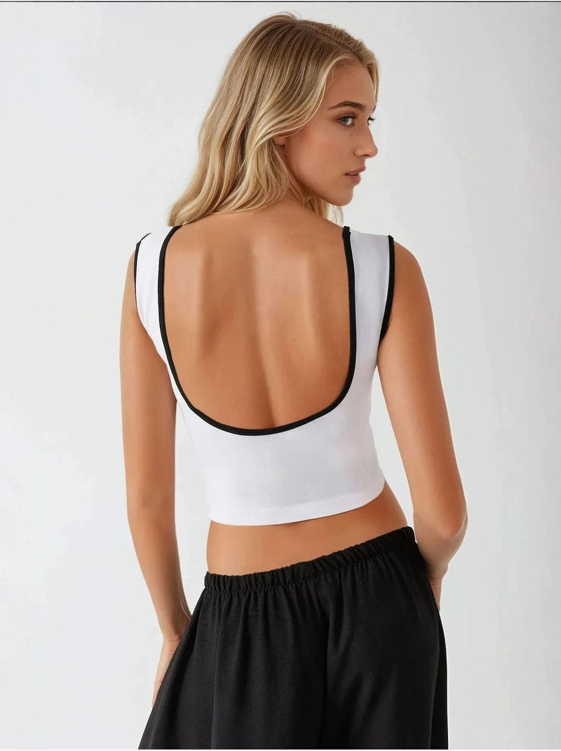 Top de alças justo com gola redonda em contraste, hiccup Branco - Kiabi