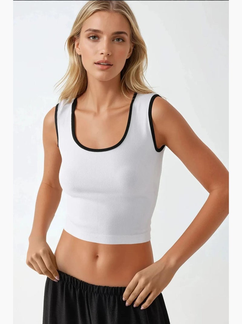 Top de alças justo com gola redonda em contraste, hiccup Branco - Kiabi