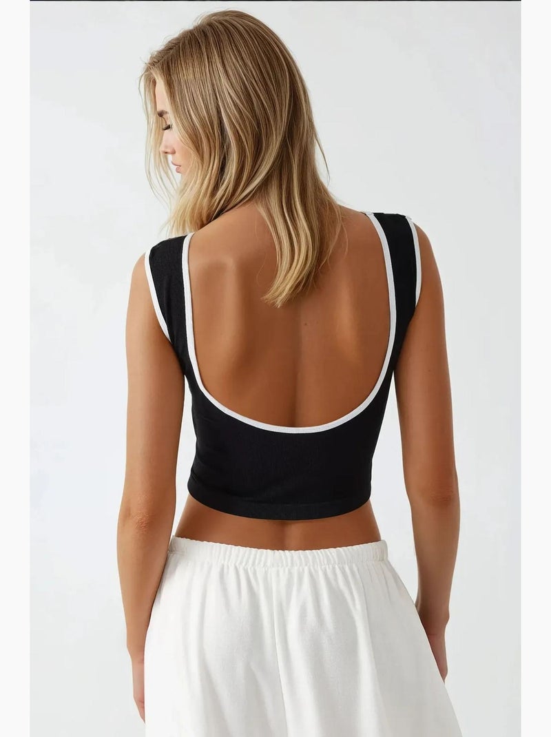 Top de alças justo com gola redonda em contraste, hiccup Preto - Kiabi