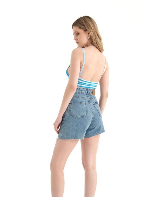 Top de alças riscas em malha crochet decote em v curto hiccup - Kiabi