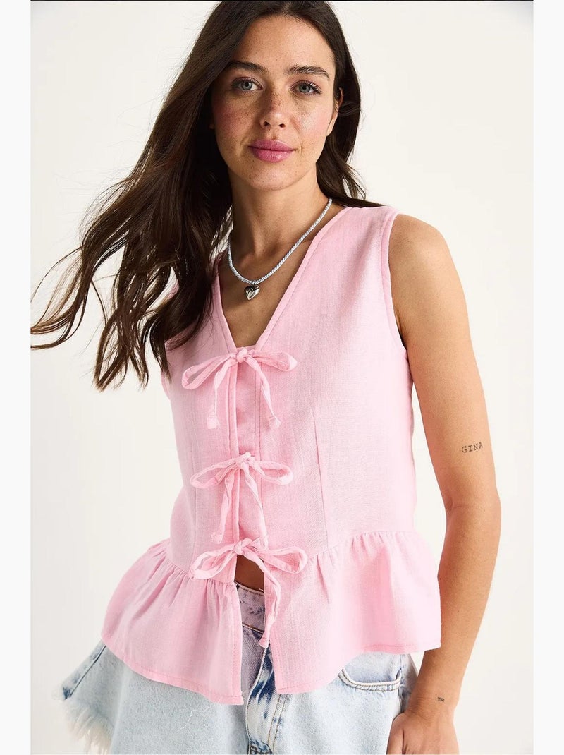 Top de crepe decote v com laço lucci Rosa-fluo/Solinotes - Kiabi