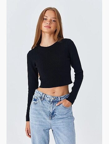 Top de malha básico curto de manga comprida mixray