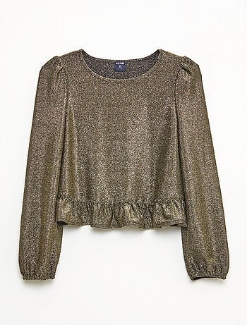 Top de malha brilhante com folhos