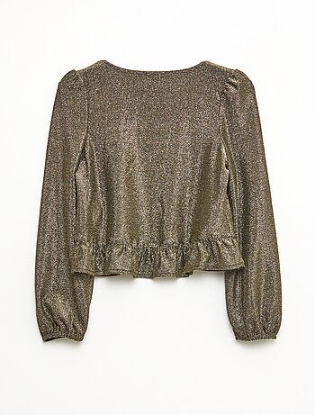 Top de malha brilhante com folhos