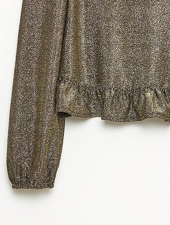 Top de malha brilhante com folhos