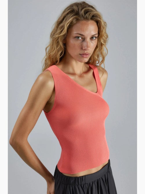 Top de malha canelada sem mangas com decote assimétrico e corte justo my fashion - Kiabi Top de malha canelada sem mangas com decote assimétrico e corte justo my fashion - Kiabi