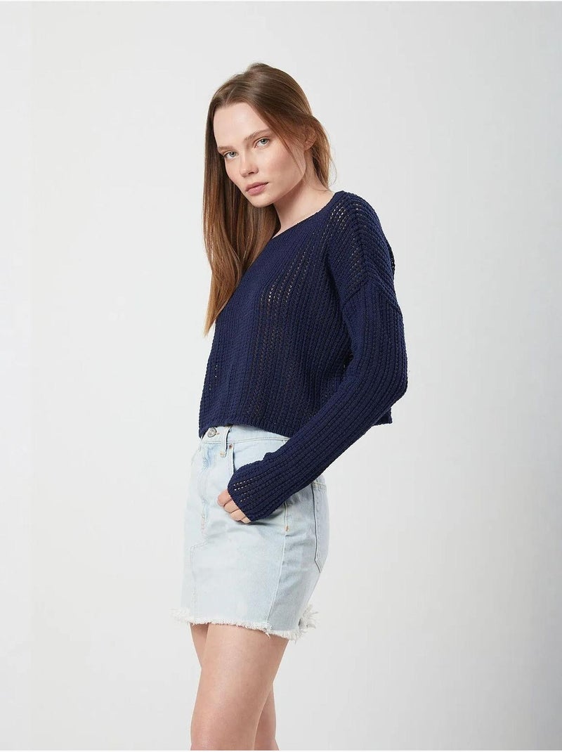 Top de malha crop com decote barco e padrão rendilhado mixray Azul-marinho - Kiabi