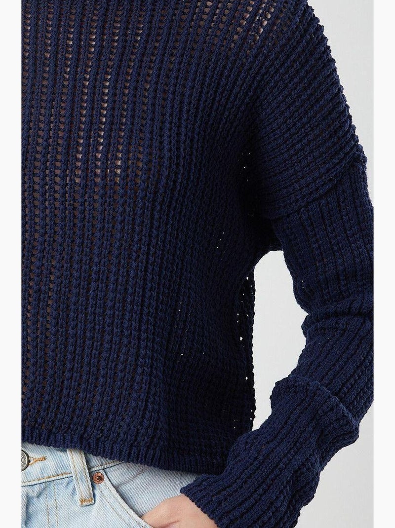 Top de malha crop com decote barco e padrão rendilhado mixray Azul-marinho - Kiabi