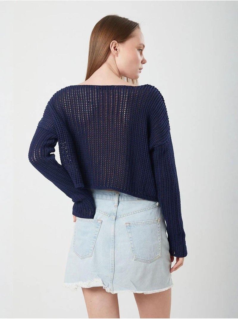Top de malha crop com decote barco e padrão rendilhado mixray Azul-marinho - Kiabi