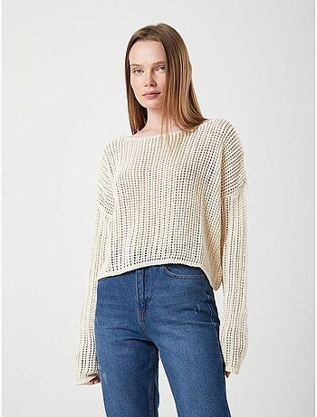 Top de malha crop com decote barco e padrão rendilhado mixray