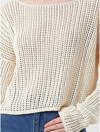 Top de malha crop com decote barco e padrão rendilhado mixray