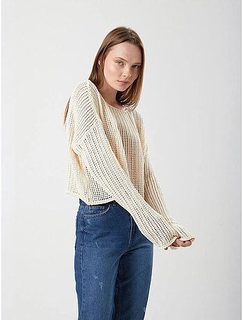 Top de malha crop com decote barco e padrão rendilhado mixray