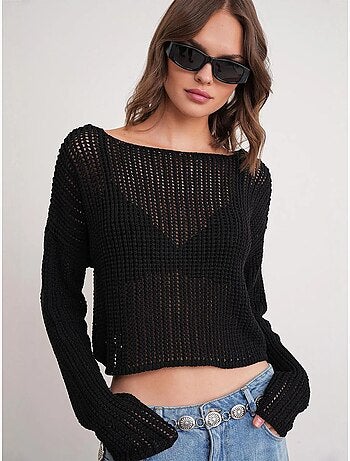 Top de malha crop com decote barco e padrão rendilhado mixray