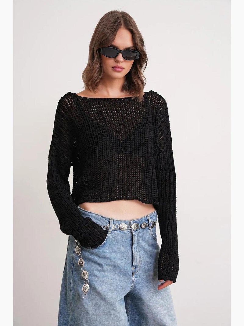 Top de malha crop com decote barco e padrão rendilhado mixray Preto - Kiabi