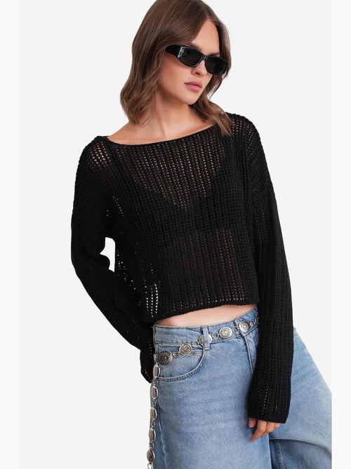 Top de malha crop com decote barco e padrão rendilhado mixray - Kiabi