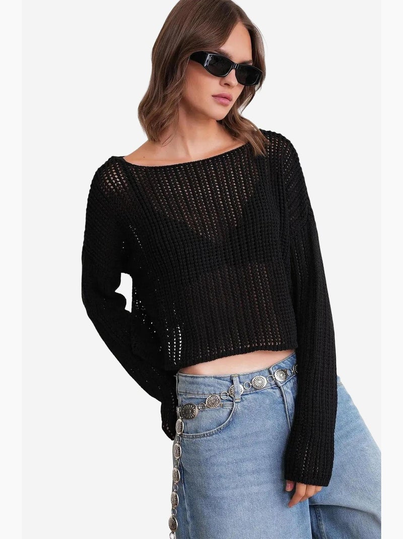 Top de malha crop com decote barco e padrão rendilhado mixray Preto - Kiabi