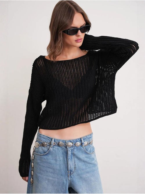 Top de malha crop com decote barco e padrão rendilhado mixray - Kiabi