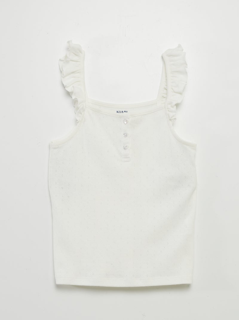 Top de malha pointelle com alças com folhos Branco - Kiabi