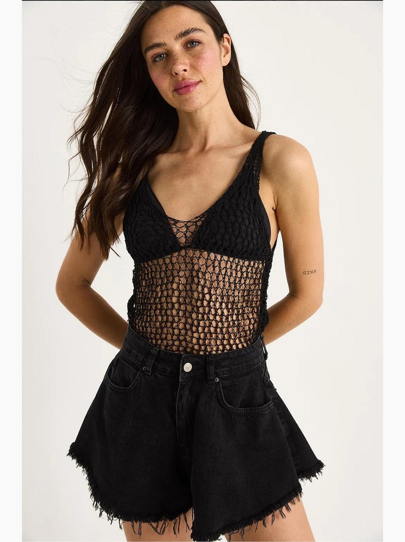 Top de malha texturizada gola redonda detalhe em rede lucci Preto - Kiabi