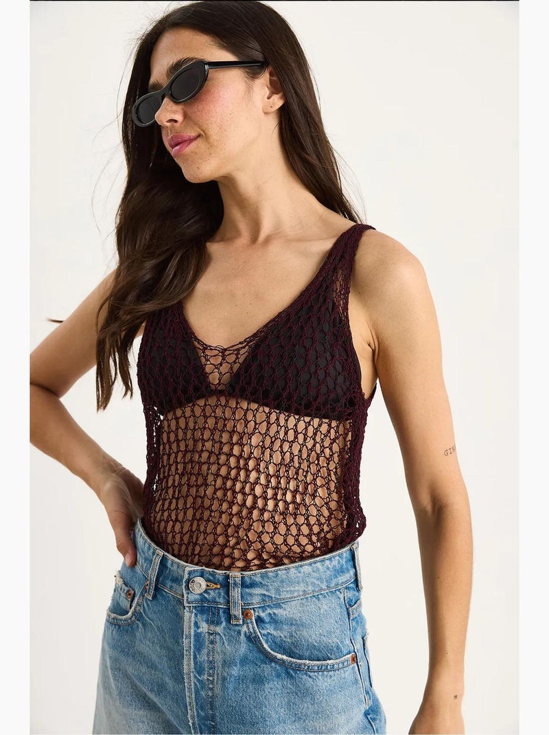 Top de malha texturizada gola redonda detalhe em rede lucci Vermelho bordô - Kiabi