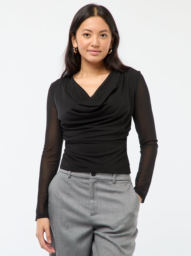 Top de mangas compridas drapeado liso Preto - Kiabi