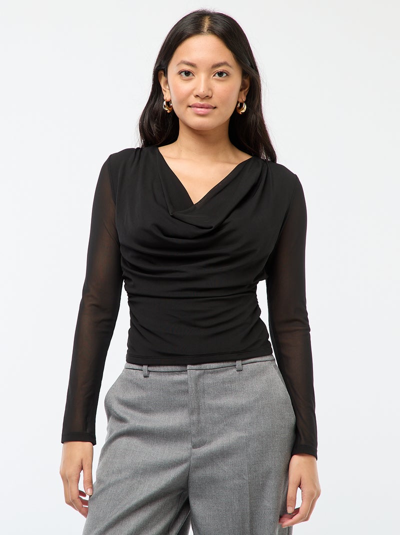 Top de mangas compridas drapeado liso Preto - Kiabi