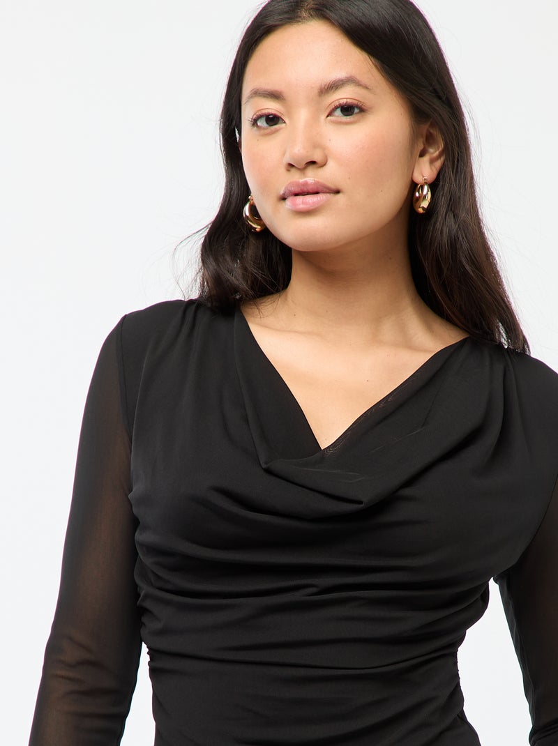 Top de mangas compridas drapeado liso Preto - Kiabi