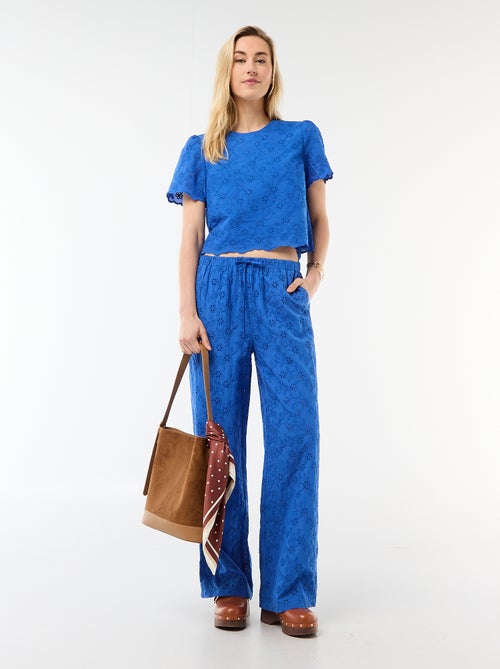 Top de mangas curtas com bordado inglês em algodão liso - Kiabi