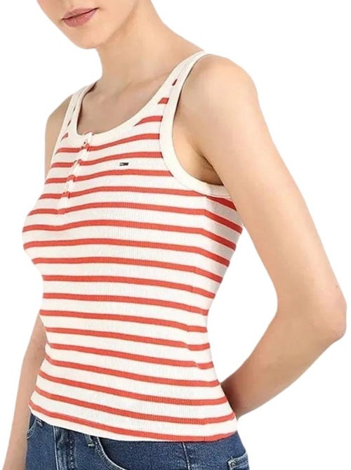 Top de Mulher Tommy Hilfiger Slim Button Branco/Vermelho - Kiabi Top de Mulher Tommy Hilfiger Slim Button Branco/Vermelho - Kiabi
