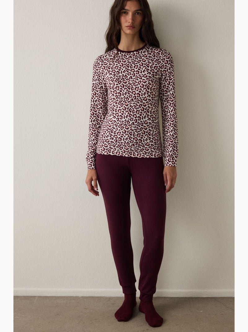 Top de pijama de manga comprida com efeito térmico e padrão leopardo penti Branco Vermelho - Kiabi