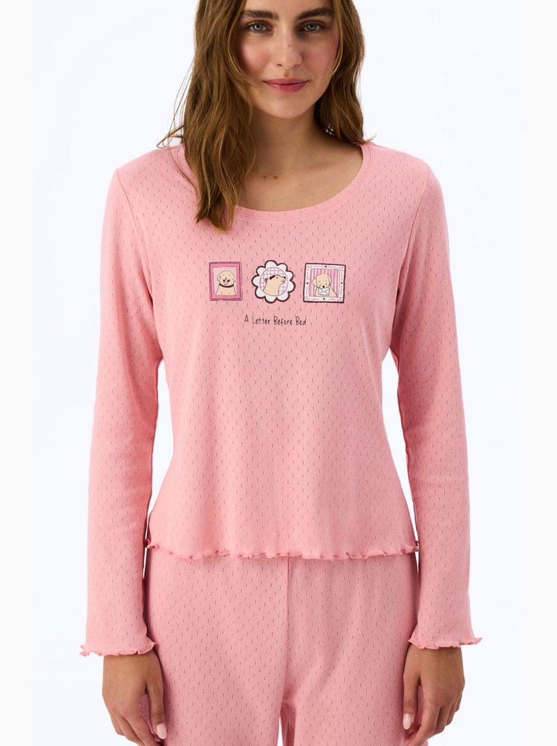 Top de pijama de manga curta com estampa slogan em pointelle penti Rosa velho - Kiabi
