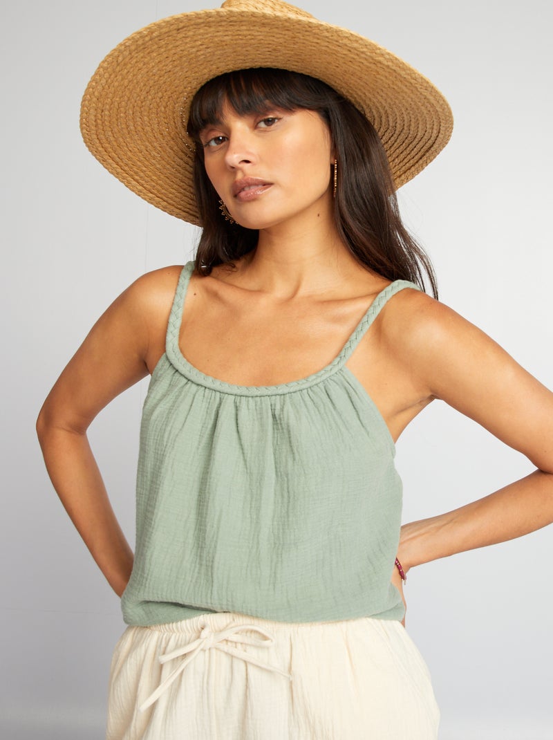 Top em gaze de algodão com alças entrançadas VERDE - Kiabi