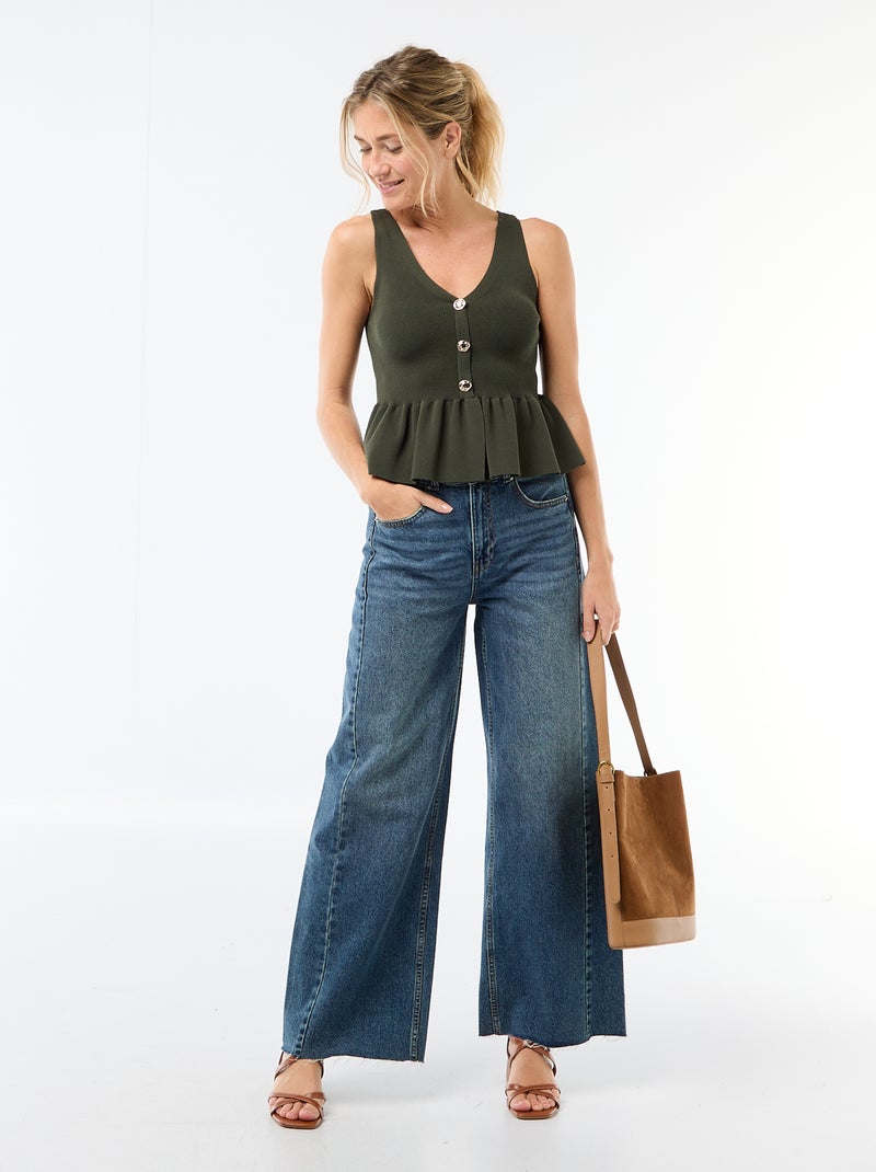 Top em malha fina com abertura abotoada Verde - Kiabi