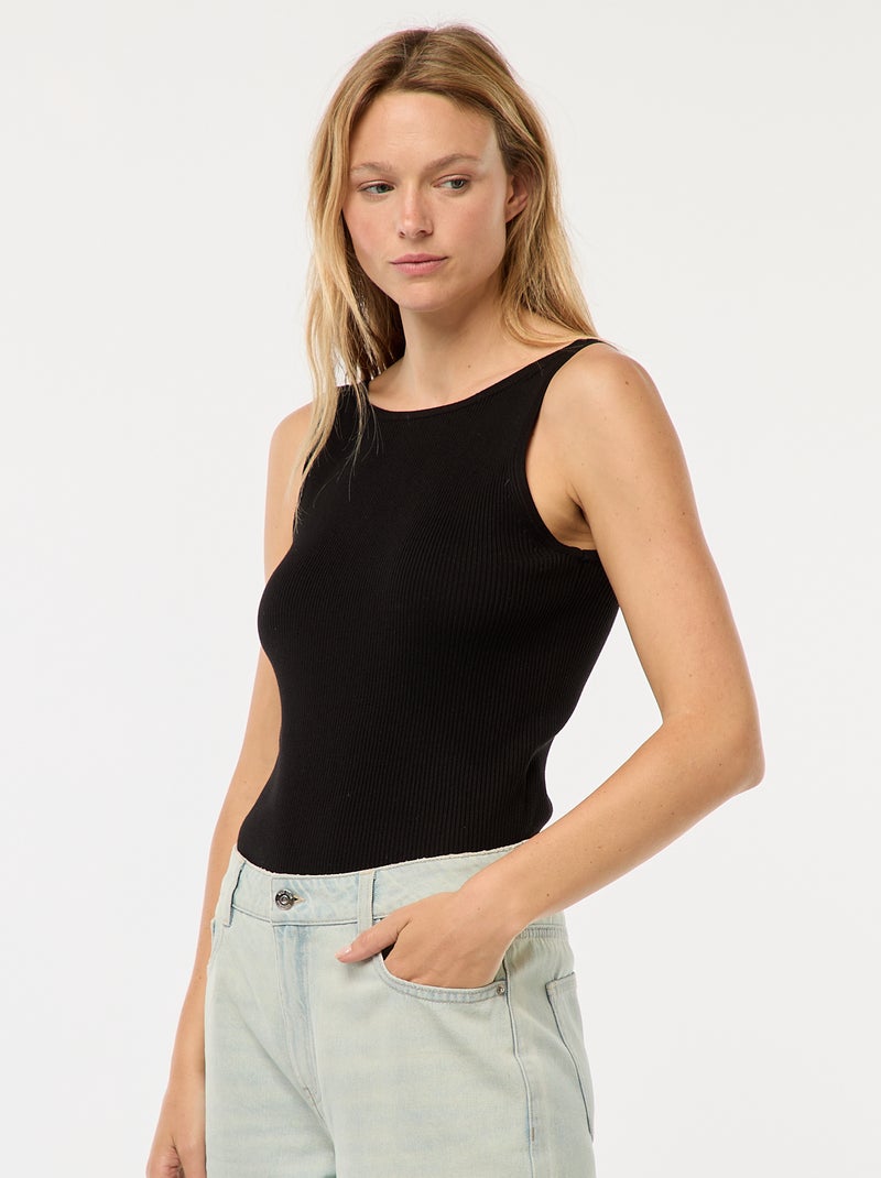 Top em malha nervurada Preto - Kiabi