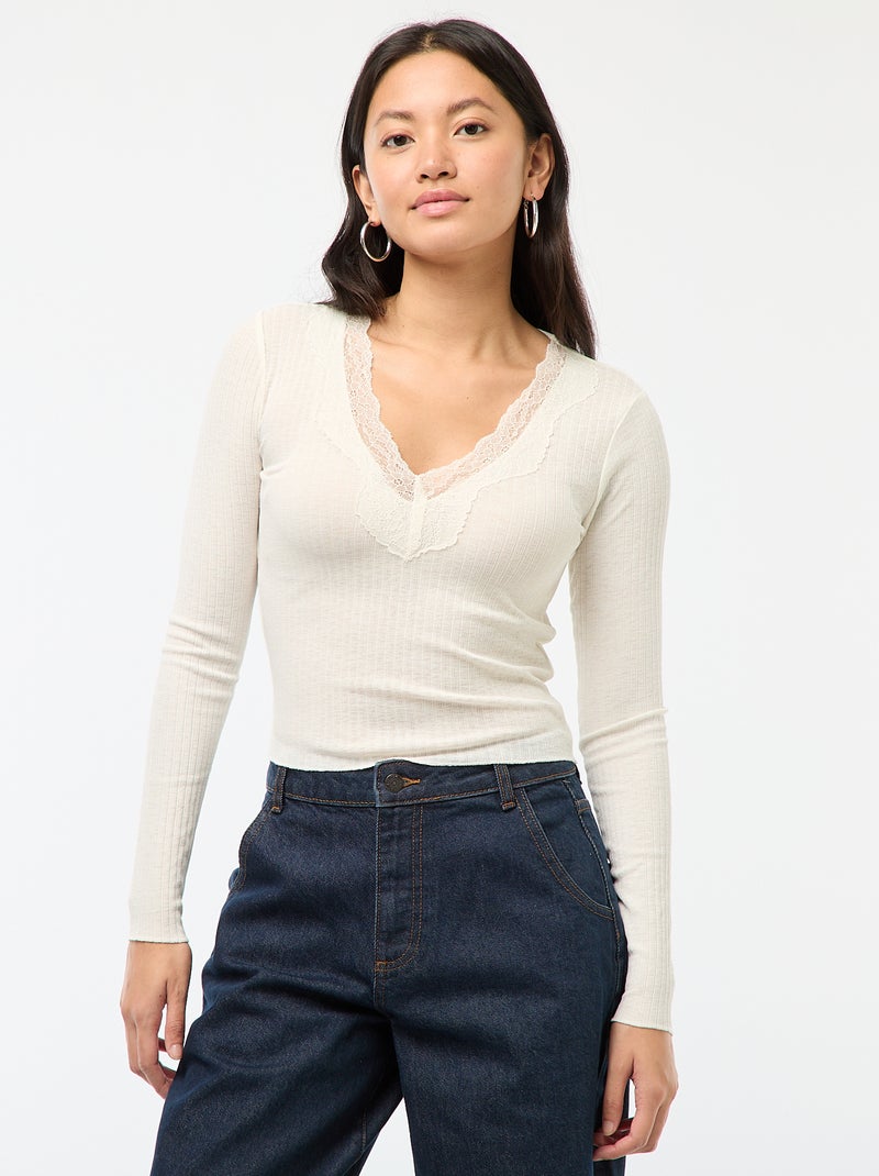 Top em renda de manga comprida Branco - Kiabi