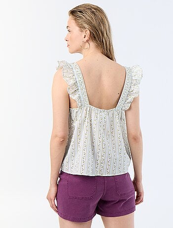 Top estampado com alças com folhos