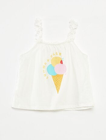 Top estampado com alças com folhos